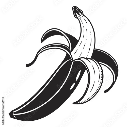 Stylized black and white illustration of a partially peeled banana with a textured peel