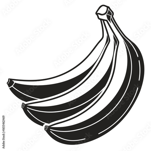 Stylized black and white illustration of a bunch of ripe bananas on a white background