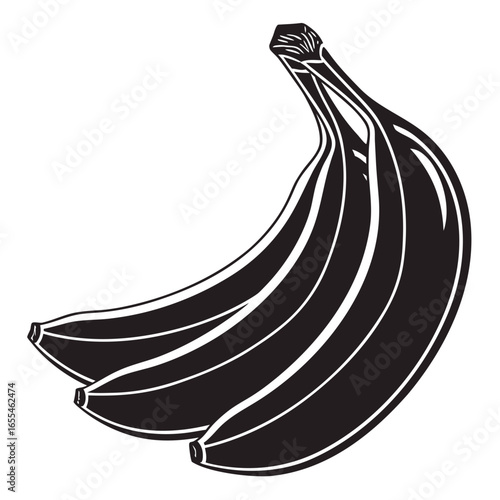 A stylized black and white illustration of a bunch of ripe bananas on a white background