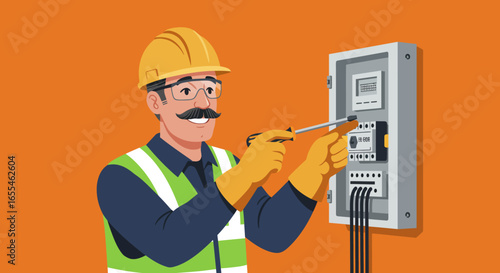 Electrician with Mustache Working on Electrical Panel.