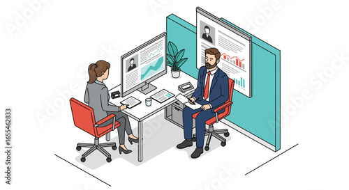 Business Interview Illustration: Two People at Desk.
