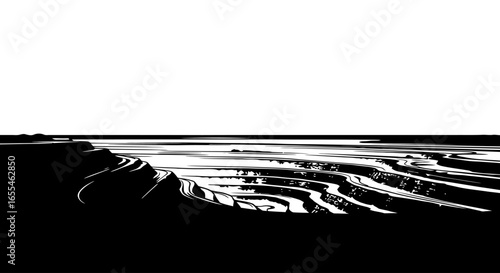 dramatic black and white illustration of coastal terraces perfect for environmental sustainability or geological reports websites and presentations
