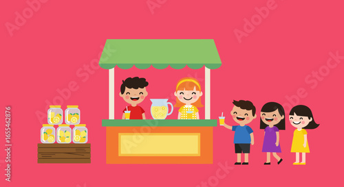 Children Selling Lemonade at a Colorful Stand.