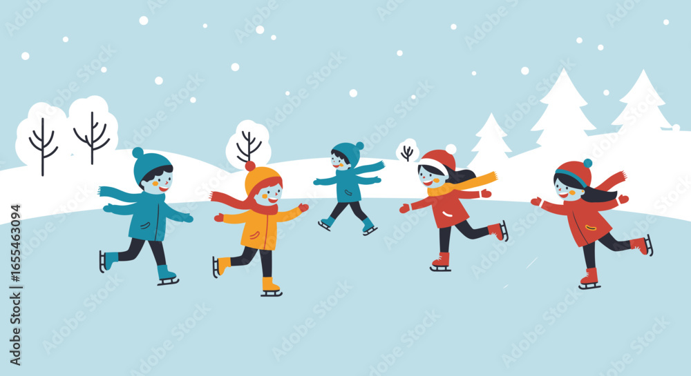Naklejka premium Cheerful Children Ice Skating in Winter Wonderland.