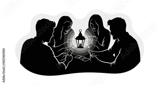 silhouette of friends playing cards by lantern light illustrating friendship games night mystery and cozy gathering for websites blogs and social media