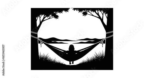 peaceful lakeside hammock relaxation black and white silhouette illustration for wellness travel and vacation designs