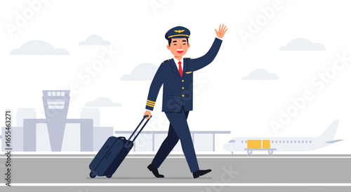 Cheerful Pilot with Luggage Waving at Airport.