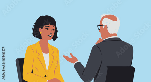 Businesswoman in Yellow Jacket Interviewing with Senior Man.