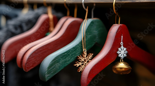 Colorful wooden clothing hangers adorned with snowflake and bell ornaments, arranged in a row.