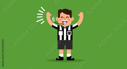 Cheerful Cartoon Referee with Whistle and Raised Arms.