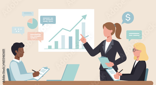 Business Team Meeting with Financial Presentation and Discussion.