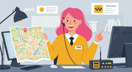 Smiling Taxi Dispatcher Holding Map and Headset.