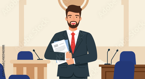 Smiling Businessman Holding Documents in Conference Room.