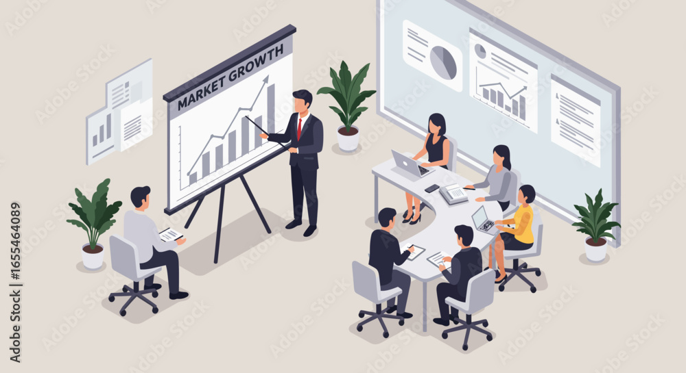 Fototapeta premium Business Presentation with Market Growth Chart and Team.