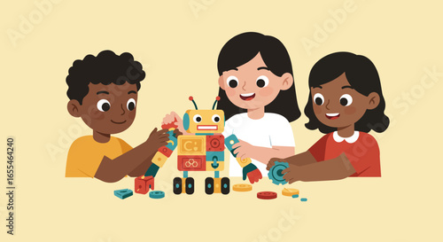 Children Building a Colorful Robot Together Smiling.