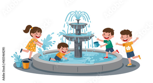 Children Playing Around a Decorative Water Fountain.