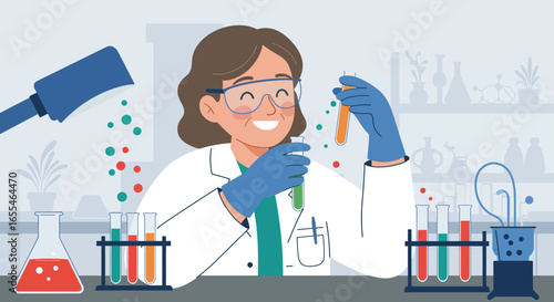 Smiling Female Scientist Analyzing Test Tubes in Lab.