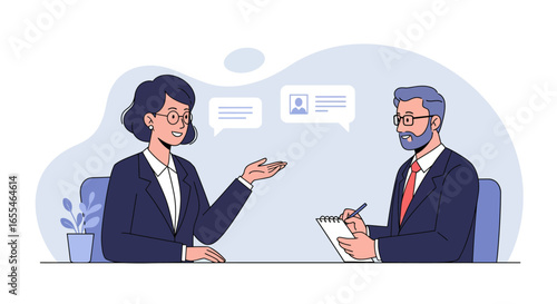 Business Interview Illustration with Two People Talking.