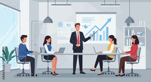 Business Team Meeting with Presentation and Charts.