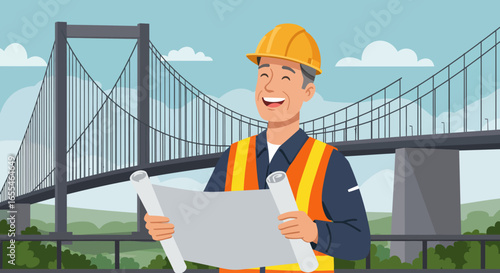 Smiling Engineer with Blueprint and Safety Vest.