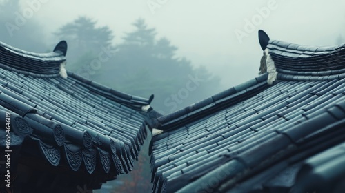 Korean Hanok - Celadon Pottery Roof: Traditional Korean Hanok with gracefully curved roof tiles made of luminous celadon pottery