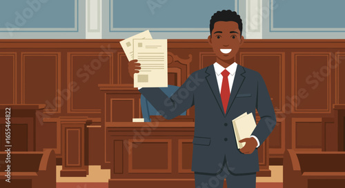 Smiling Black Lawyer Holding Documents in Courtroom.