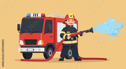 Firefighter with Fire Truck Extinguishing Water Spray.