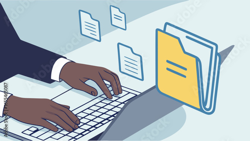 Darkskinned hands using laptop digital files transfer.