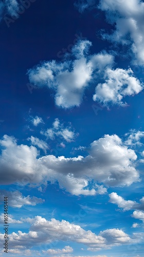 A vibrant, full-frame view of a partly cloudy sky.  Whitish-gray cumulus clouds are scattered across a deep blue backdrop. 
