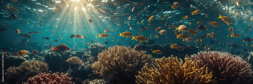 Naklejka premium Underwater coral reef teeming with colorful fish.