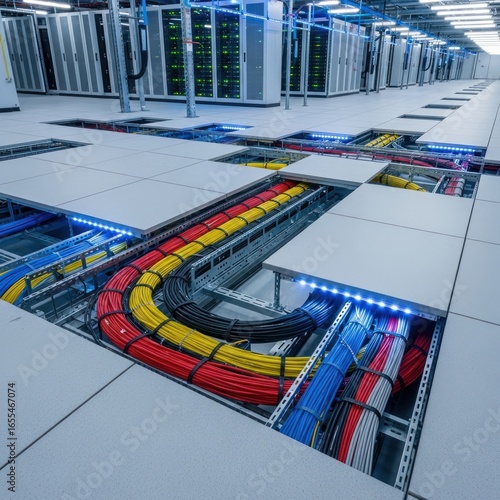 Vibrant Cables Under Raised Floor in Modern Data Center with Server Racks and Blue LED Lighting