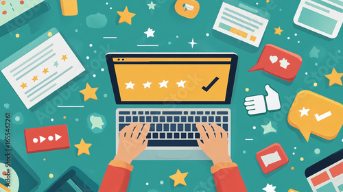 User Typing Review on E-Commerce Website, Surrounded by Animated Stars, Thumbs-Up, and Feedback Bubbles