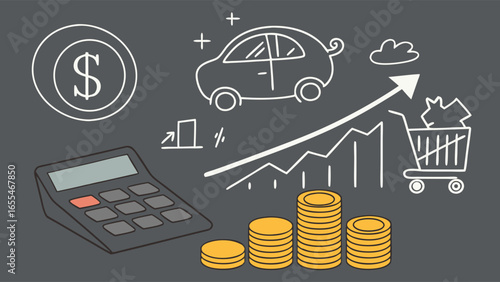 Financial Planning and Growth Concept with Calculator Coins Car and Shopping Cart.