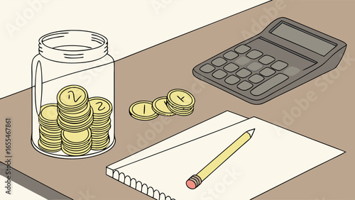 Financial Planning with Coins Calculator and Notepad Illustration.