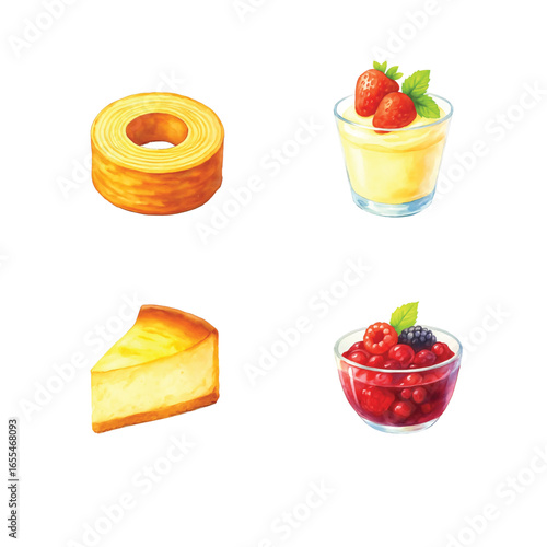 Watercolor Illustrations of Germany Culinary Bundle—Eton Mess, Strudel, Dobos Torta, Stroopwafel. Watercolor Illustration. Design Element. Clip art. Suitable for artwork