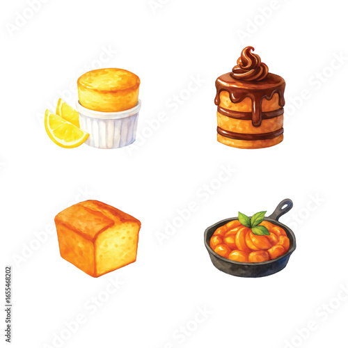 Watercolor Illustrations of French Pastries and Desserts Bundle—lemon souffle, chocolate cake, pound cake, skillet apple. Watercolor Illustration. Design Element. Clip art. Suitable for artwork