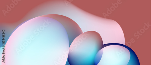 Abstract shapes blend, creating soft gradients. Colors shift from pinks to blues, forming fluid forms. Minimalist design evokes calm atmosphere.