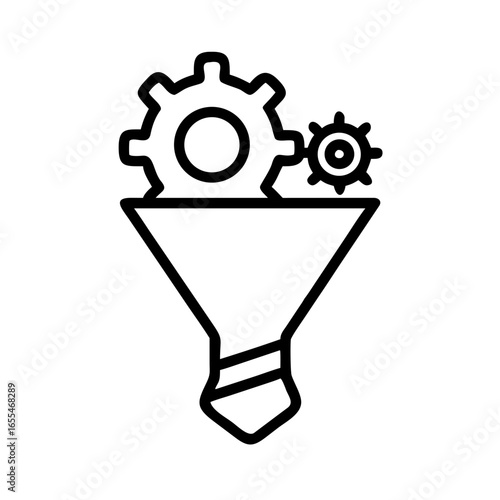 Outline drawing of a funnel with two gears on top representing a process of filtering or refining data