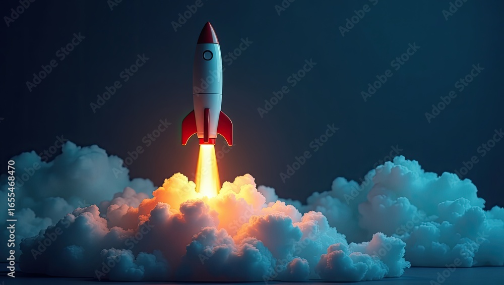 Obraz premium Rocket launching into the night sky.