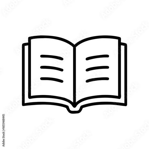 Illustration of an open book with blank pages and a visible spine in a simple black outline style