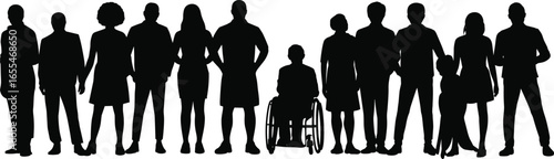 Silhouettes of diverse people standing in a row, including person in wheelchair, diversity, inclusion, equality, accessibility, community, unity, white background
