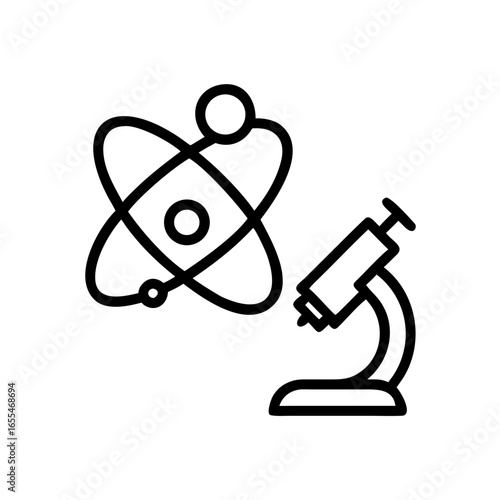 Illustration of an atom model with orbiting electrons beside a microscope for scientific research use
