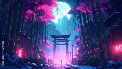 Neon-lit bamboo forest town at night