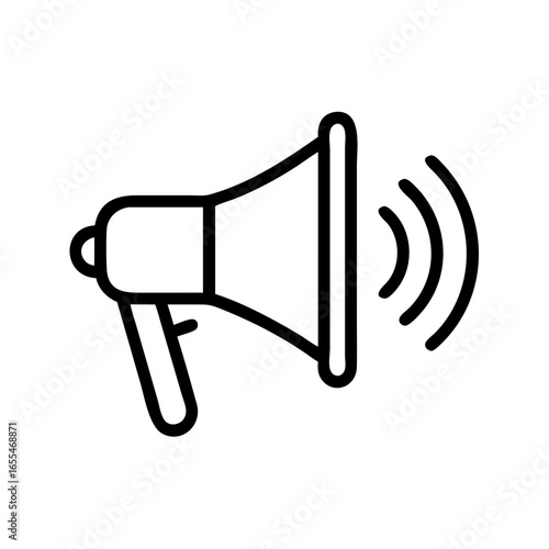 Outline drawing of a megaphone with sound waves emanating from it in a simple black and white design
