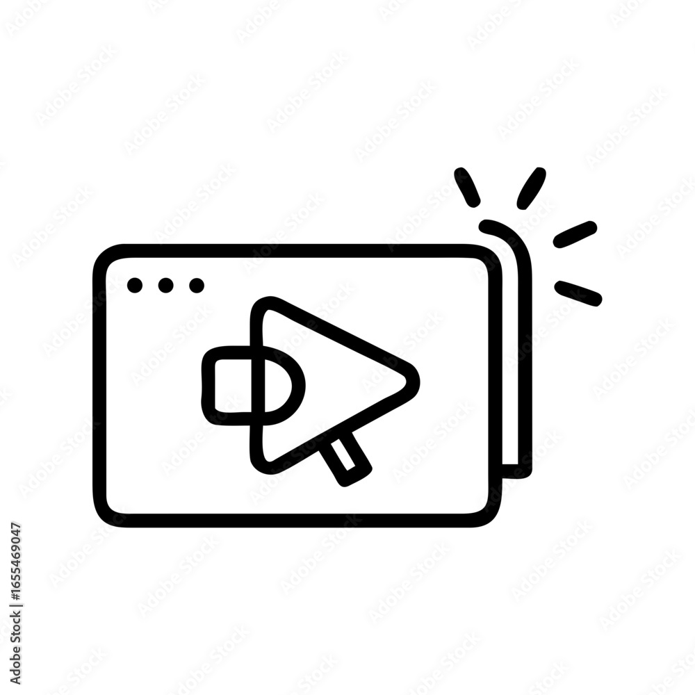 Outline of a browser window with a play button and a cursor inside, with a shining effect on the side