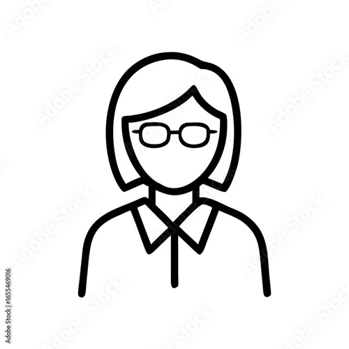 Line drawing of a woman with short hair wearing glasses and a collared shirt in black and white color