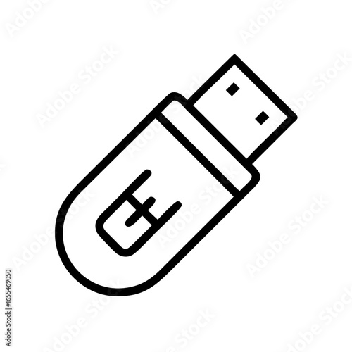 Outline drawing of a flash drive in white with a black outline and a small design on the side of it