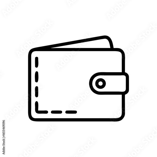 Illustration of a simple black and white wallet with a flap and a snap closure in outline style