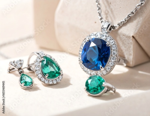 Elegant jewelry set featuring a sapphire pendant, earrings, and rings with green gemstones