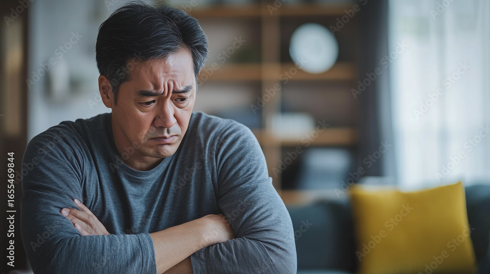 Obraz premium Asian Man Pacing Nervously in Living Room with Concerned Expression Glancing at Clock